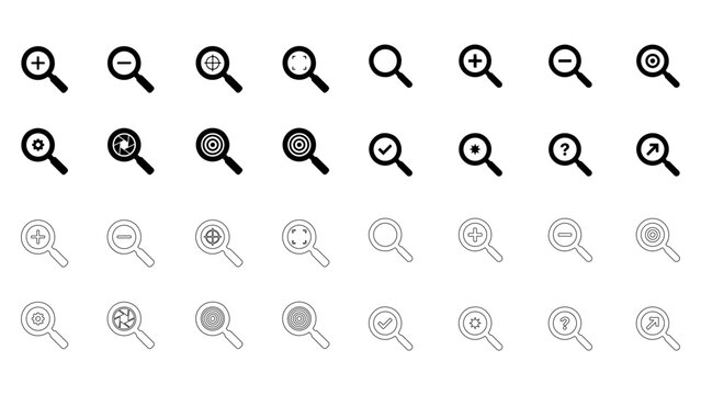 Collection of magnifying glass search zoom and focus icons isolated on transparent background with various settings and interface features vector set.