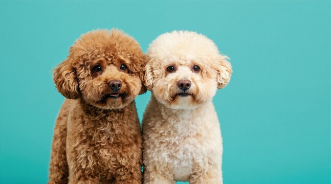 Two poodles brown and cream sit close together against bright turquoise backdrop. These curly coated dogs look directly at camera. They are cute and friendly. Perfect studio pet portraits.