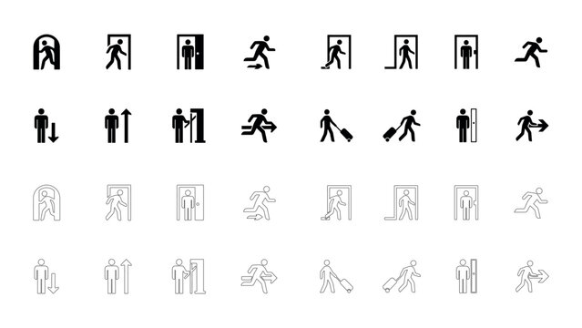 Exit and emergency doorway icons set showing people walking through open doors running for escape routes elevators and directional signs for building.