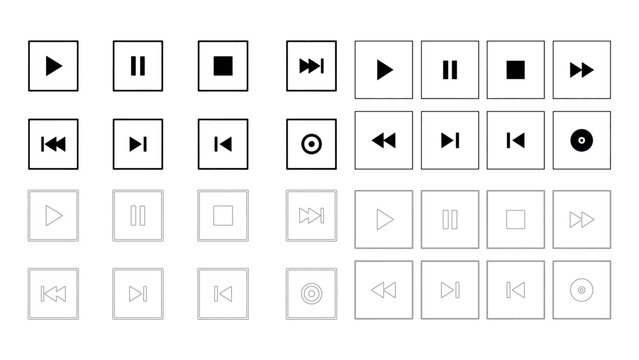 Media player control buttons set featuring play pause stop record and navigation symbols in square frames for interface design and video audio software.
