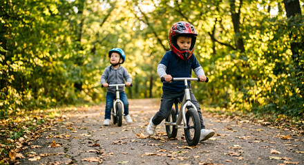 Fototapeta premium Two little boys riding balance bikes on a forest path with fallen leaves