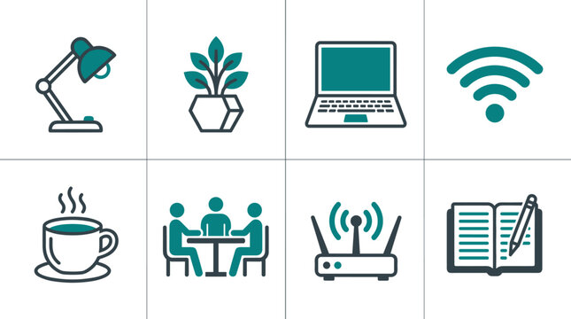 Collection of teal and black outlined icons representing various technology environment office and home concepts