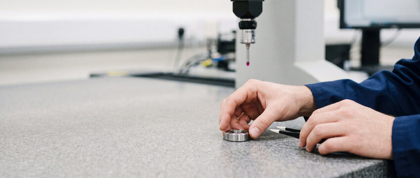 Precision measurement technician inspecting metal bearing using coordinate measuring machine probe on granite surface