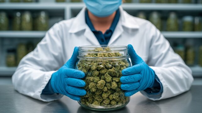 A person in a mask and gloves holds a jar filled with cannabis buds in a controlled, sterile environment.
