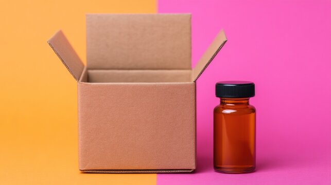 A small amber glass bottle with a black cap stands next to an open cardboard box against a dual orange and pink background.