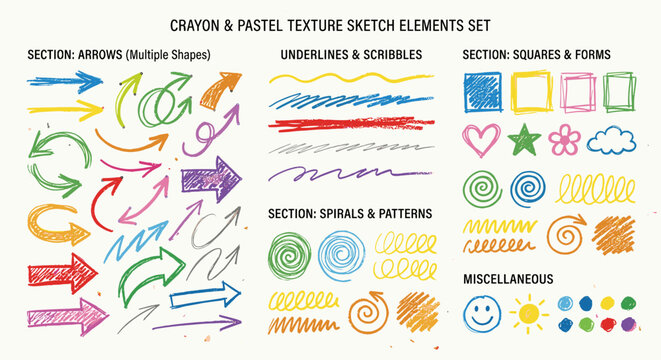 Hand-drawn crayon and pastel sketch elements set with arrows, shapes, and scribbles