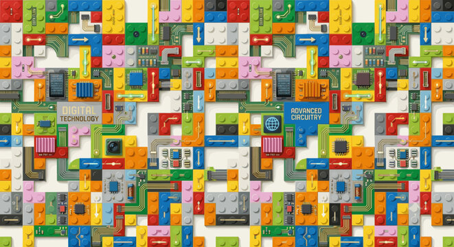 Colorful building blocks and electronic components create a digital technology concept