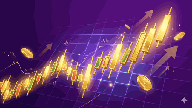 Golden candlestick chart showing upward trend with coins and arrows on a purple grid background