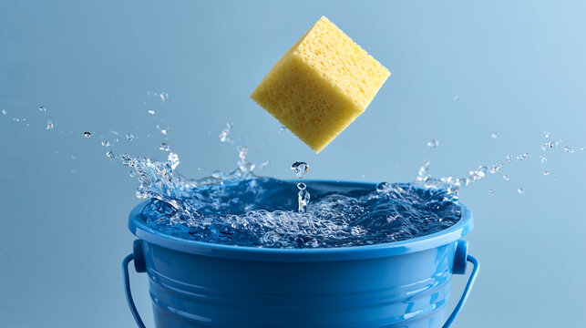 splashing water close up of yellow cleaning sponge being squeezed by hand into blue water bucket for outdoor washing task