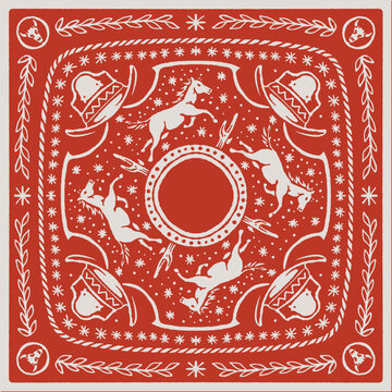 Red and white square bandana pattern with rearing horses, cowboy hats, and decorative border.