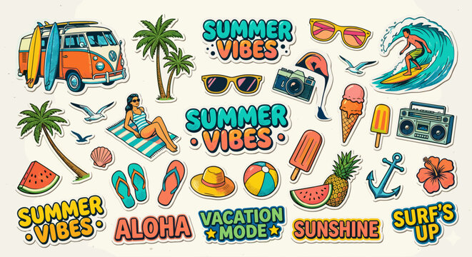 Summer Vibes Collection: Retro Van, Surfer, and Tropical Icons