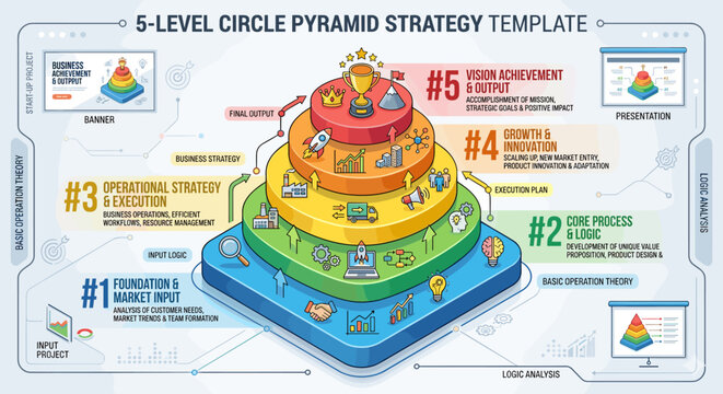 Five level circle pyramid strategy template for business growth and vision achievement