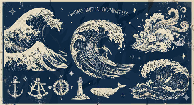 Vintage nautical engraving set featuring crashing waves and maritime symbols