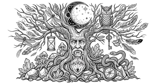 Mystical ancient tree spirit with wolf, owl, snake, and celestial moon