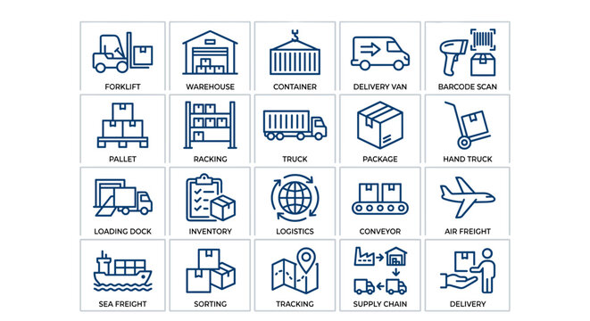 Logistics and supply chain icons representing various transportation and warehousing services