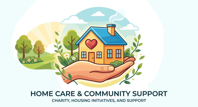 Caring hands hold a house with a heart, symbolizing home care and community support