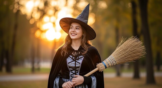 Young girl dressed as a witch with a broomstick in an autumn park