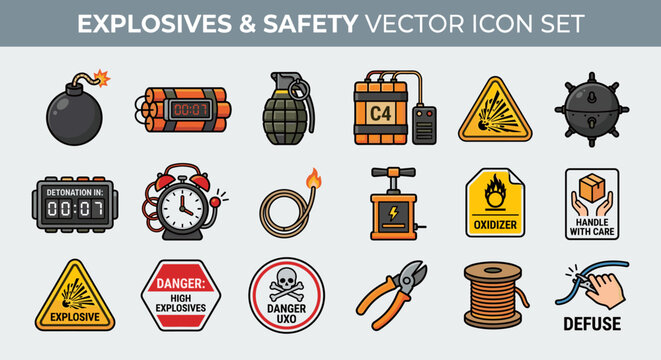 Explosives and safety icons set including bombs, grenades, and warning signs