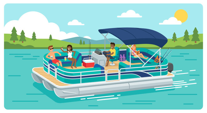 Diverse group enjoying a sunny day on a pontoon boat cruise with drinks and relaxation