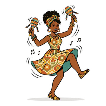 Woman playing maracas, dancing and having fun, isolated on white.