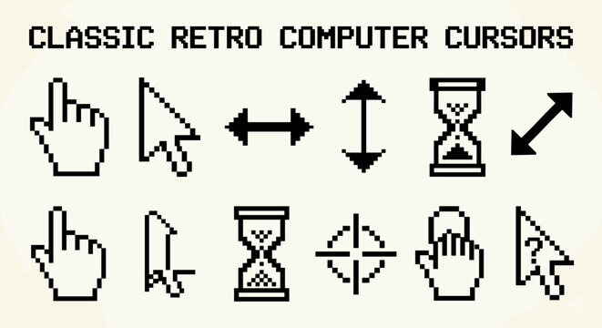 Classic retro computer cursors in pixel art style for nostalgic design projects