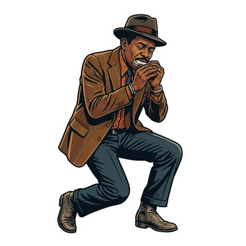 Illustration of a black man plays harmonica