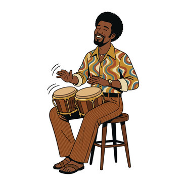 Retro musician playing bongos, smiling