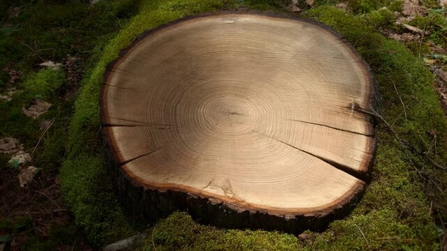 Freshly cut tree stump on mossy forest floor