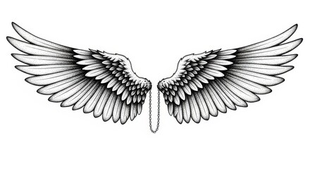 Naklejka premium Detailed Hand Drawn Angel Wings Illustration in Stippling Style with Chain Connection Isolated on White