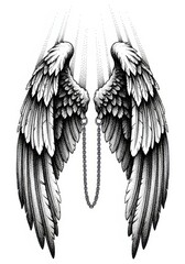 Naklejka premium Detailed Black and White Angel Wings Illustration with Chain and Light Rays in Dotwork Tattoo Style