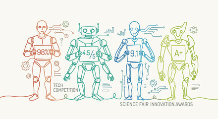 Obraz premium Robots with scores and awards represent tech competition and science fair innovation