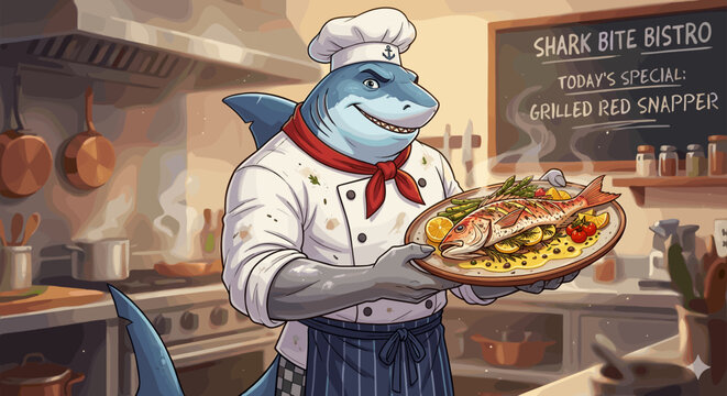 Anthropomorphic shark chef proudly presents a gourmet grilled fish dish in a bustling kitchen