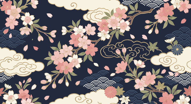 Elegant Japanese cherry blossoms and clouds pattern on dark blue background