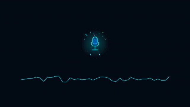 Motion Video of Digital Microphone Icon with Sound Waves in Futuristic Technology Scene.