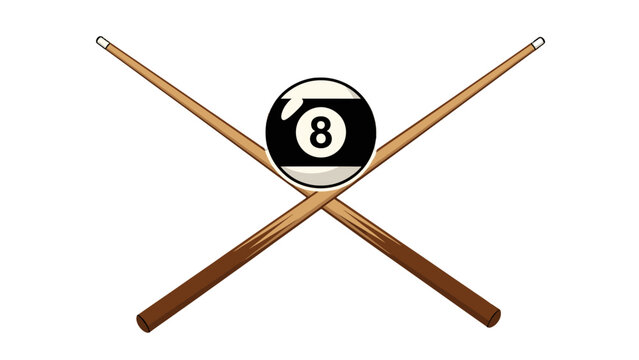 Classic Billiard 8-Ball with Crossed Pool Cues on Isolated White Background.