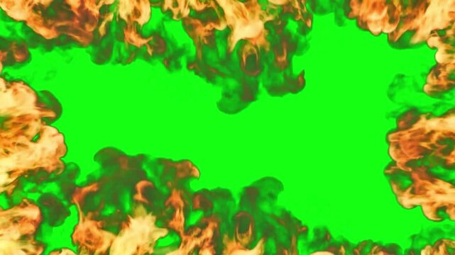 Fire frame border with smoke effects on green screen background, realistic burning flames overlay for video editing
