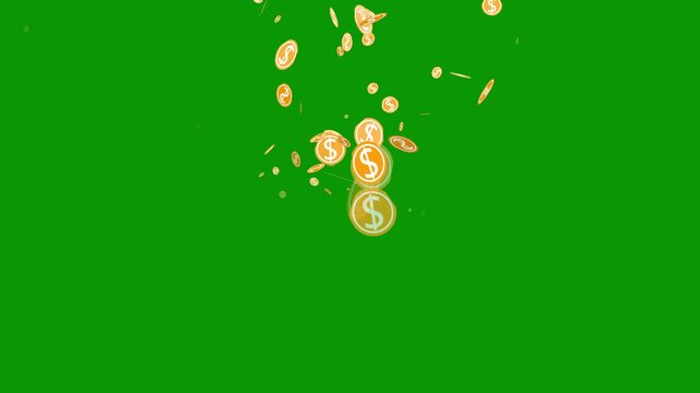 Gold coins with dollar signs explosion on green background, sparkling currency particles, cinematic money explosion, 4k financial success transition effect