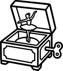 Open music box with ballerina dancer spinning inside, vintage toy, black and white outline illustration © Sugar