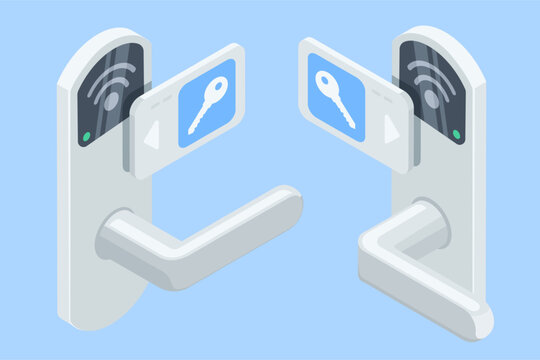 Isometric electronic door handle and key card, in color on a blue background, electronic door opening system for home or hotel