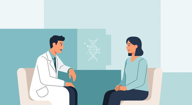 Doctor consulting patient with DNA graphic in background