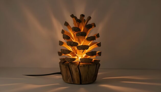 Decorative table lamp shaped like a large pinecone, crafted from natural wood with warm internal lighting, creating a cozy and rustic atmosphere.