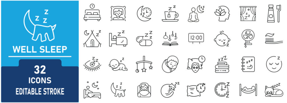 Well Sleep Icon Set. Contains icons related to healthy sleep, bedtime routine,relaxation, meditation, sleep quality, dreams, bedroom, and wellness lifestyle. Editable stroke. Vector illustration.