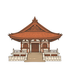 Obraz premium Hand drawn blue Japanese temple. Illustration of traditional asian pagoda shrine with oriental roof, stairs and gates for travel, logo, design