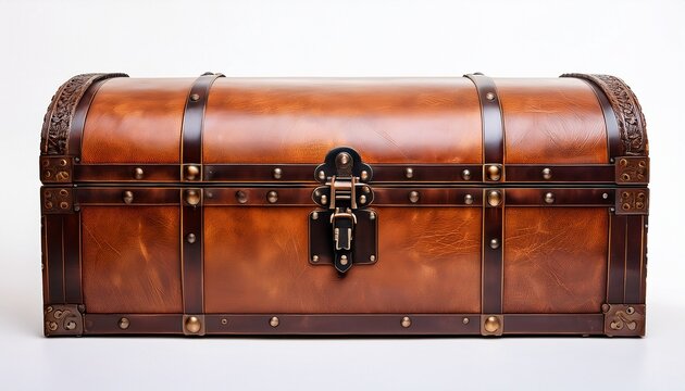 vintage brown leather trunk storage chest isolated on white