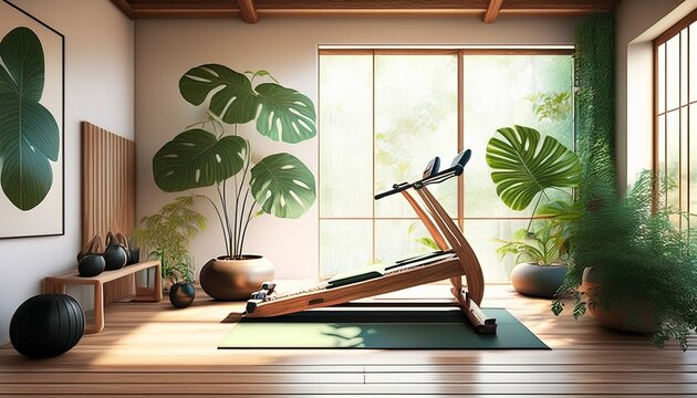 modern luxury home gym interior design in japandi style with wooden water rower machine yoga mat and green monstera plant
