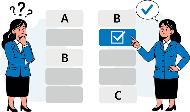 Two businesswomen comparing answers on a multiple choice test isolated on transparent background
