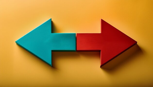 two opposing teal and red arrow shapes on a textured yellow panel beside a soft muted gradient evoking contrast and indecision