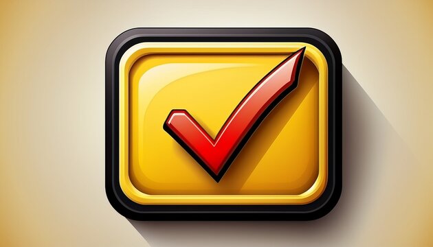 yellow square button with thick black rounded border and red checkmark conveying approval confirmation and positive success