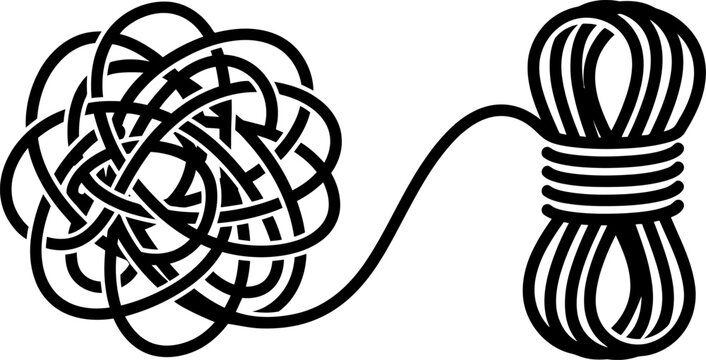 Tangled and untangled rope line icon, problem-solving concept