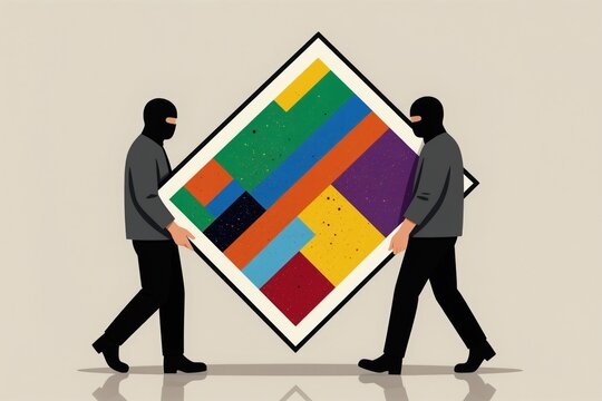 Two masked figures carry a large abstract painting. They walk together, holding the artwork. This depicts crime and art theft, possibly a museum heist. Modern illustration style.